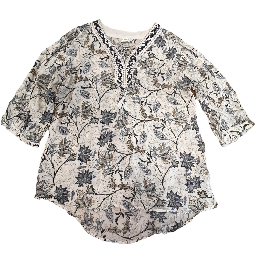 CJ Banks Blouse Boho Blue Brown Floral Lace Tie Peek Sleeve Fairy Flowy Size X
